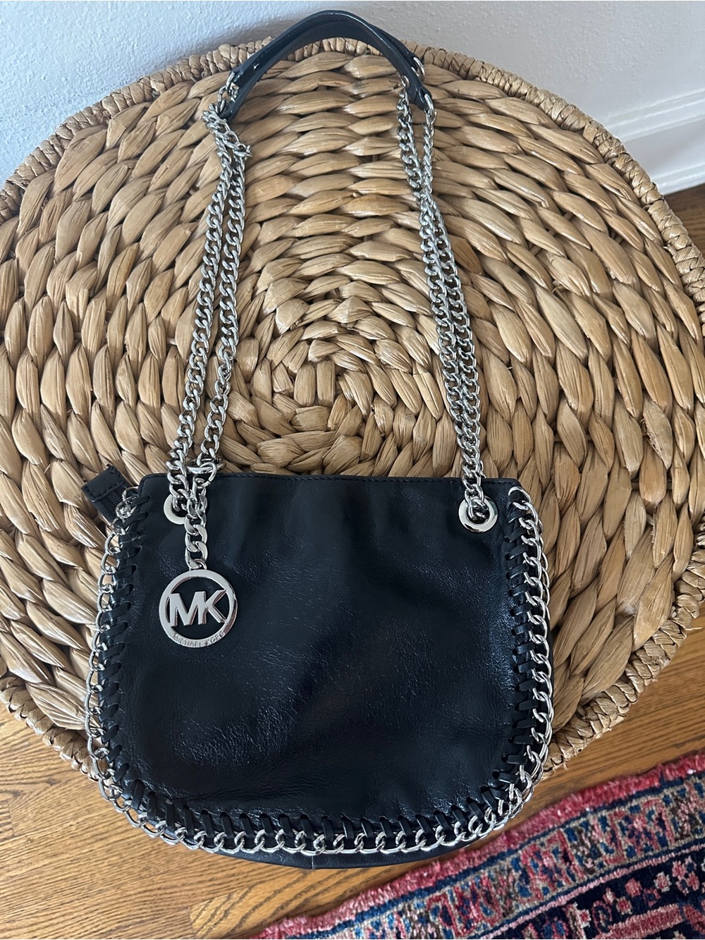 Michael Kors Black Leather Shoulder Bag with Silver Chain Trim